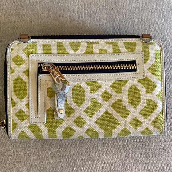 Spartina 449 Large Zipper Wallet Crossbody Cream Navy Green Leather Linen - Picture 7 of 11